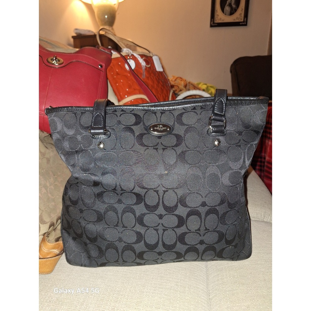 79. Coach Signature Zip Top Tote Black Jacquard Leather Shoulder Bag F36375